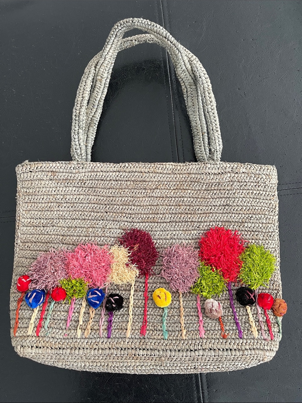 Africa handmade 100% raffia Tote with Colorful Pom-Pom Flower Accents